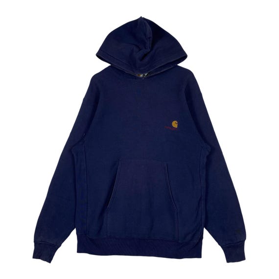 Carhartt, Vintage Carhartt Hoodie Navy Blue Pullover Sweatshirt Embroidered Logo Heavyweight 90s Workwear Streetwear Size Large