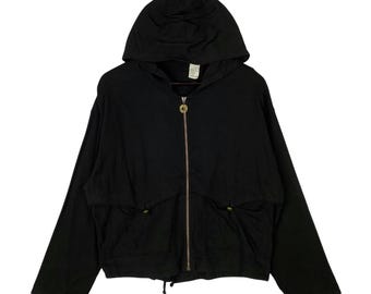 Bluza z kapturem i zamkiem błyskawicznym Sonia Rykiel Paris w kolorze czarnym, krótka, rozmiar S | Luksusowa, francuska, designerska, lekka, bawełniana kurtka, odzież wierzchnia, estetyka retro