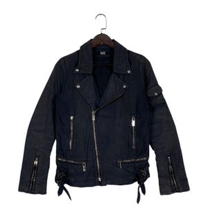 RAF By Raf Simons - Veste de motard à glissières multiples | Cavalier vintage en coton effet vieilli de fabrication italienne | Esthétique punk à fermeture éclair Meras | Taille 4