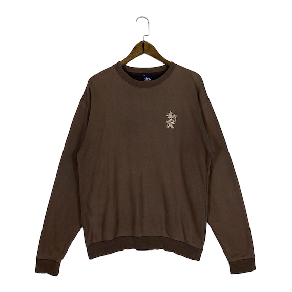 Stüssy, Vintage 90s Stussy Blue Tag Dragon Crest Chest Embroidery Crewneck Sweatshirt Brown Made In USA Size Large
