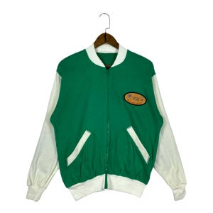 Vintage 1984 Los Angeles Olympics Fujicolor HR Track Jacket Sam Eagle Mascot Full Zip Elbow Patches Green White Size Medium