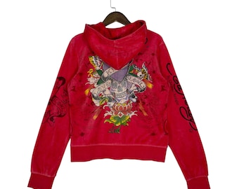 Sudadera con capucha de terciopelo Ed Hardy vintage roja - Love Kills Slowly con pedrería y cremallera - Estilo urbano Christian Audigier McBling Y2K - Talla M/L