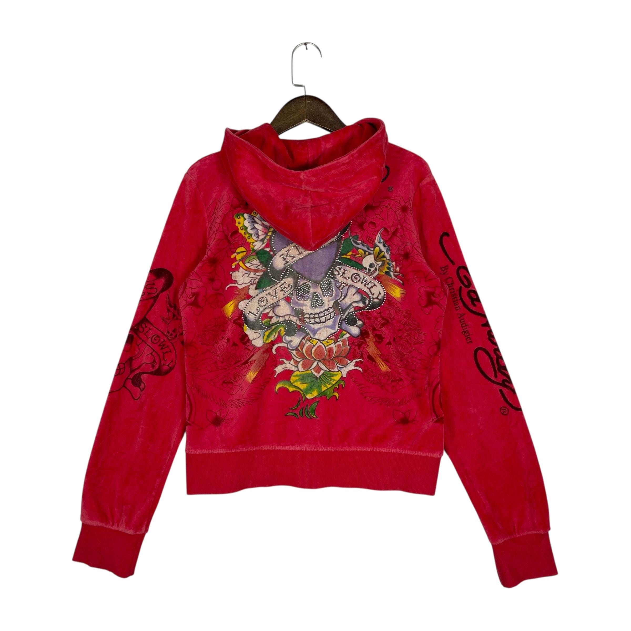 Vintage Ed Hardy Velour Hoodie Red - Love Kills Slowly Rhinestone