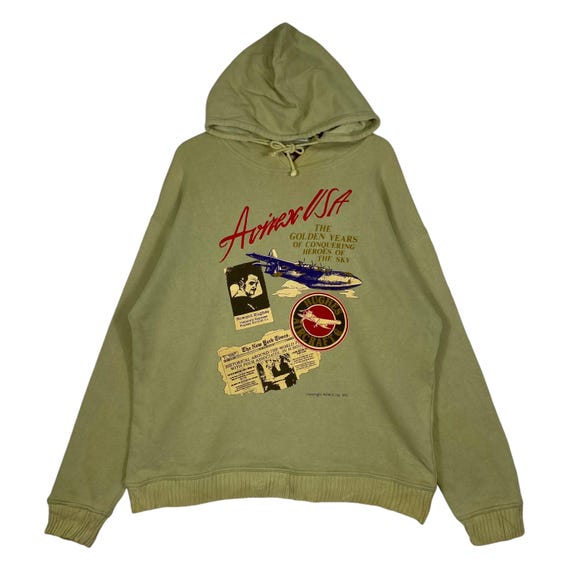 Avirex, Vintage 1991 Avirex USA Hoodie Howard Hughes Aviation Graphic Sage Green Pullover Sweatshirt Made In Hong Kong 90s Military Size Medium