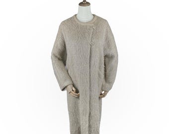 Vintage Altuna Agnona Alpaca Wool Coat Made in Italy | Shaggy Long Hair Mohair Style Overcoat | Neutral Beige Luxury Winter Jacket | Size 40