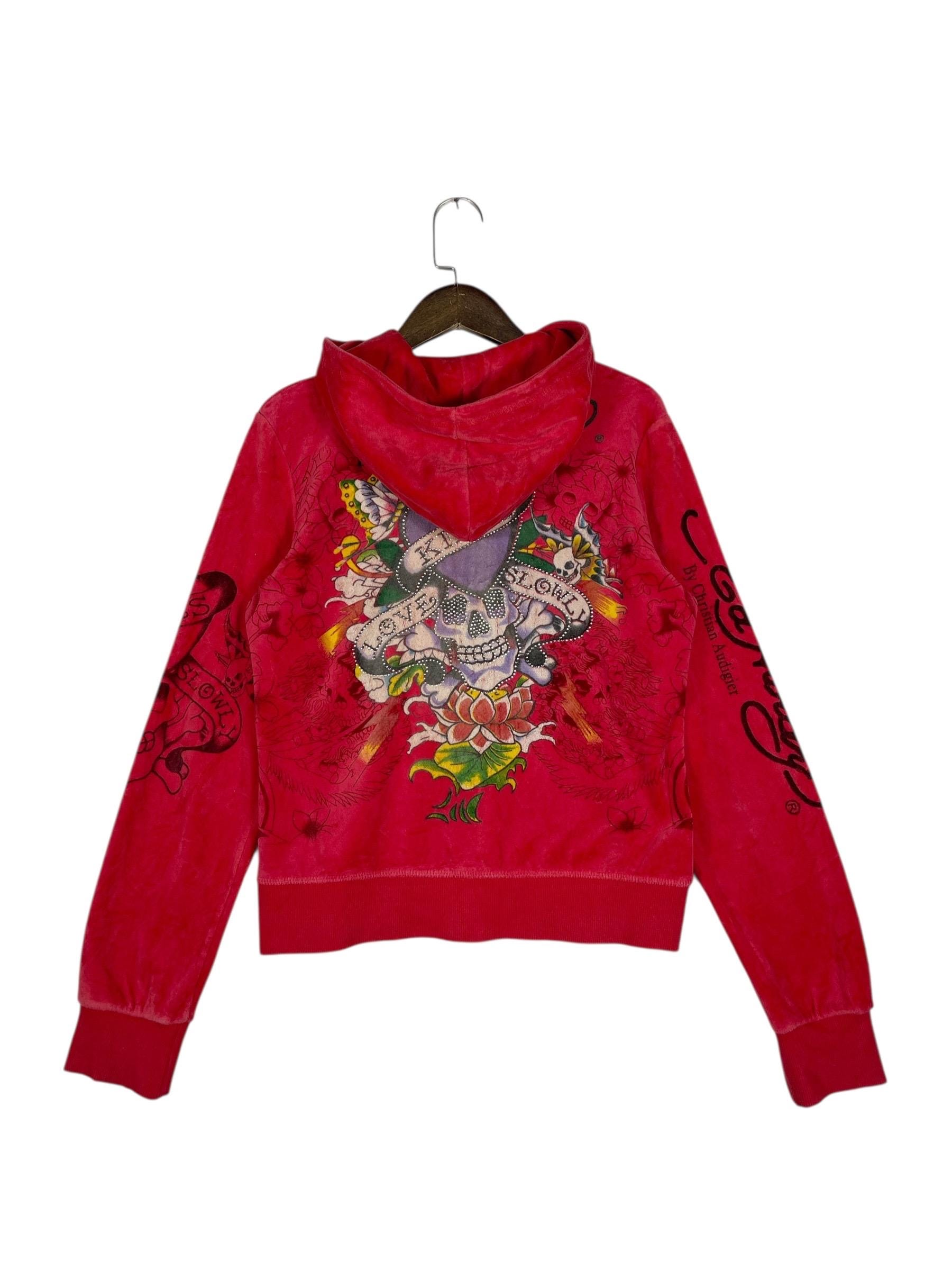Vintage Ed Hardy Velour Hoodie Red - Love Kills Slowly Rhinestone