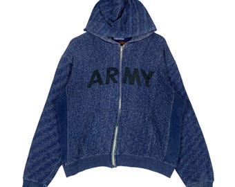 Vintage 80/90s ARMY Zip Up Hoodie Blue Heather Sweatshirt, Retro Military Athletic Full Zip Hooded Jacket, Size Medium/Large