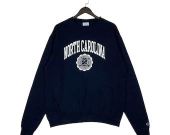 Bluza z kapturem Vintage North Carolina Champion w kolorze granatowym UNC Chapel Hill, z okrągłym dekoltem uniwersyteckim i logo uczelni, męska, lata 2000., rozmiar L
