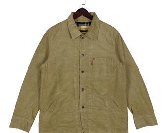 Vintage Levi's Red Tab Cord Jacke | Hellbrauner Workwear-Mantel mit gestepptem kariertem Futter | Levi Strauss Japan | Größe L für Herren