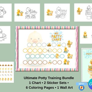 May include: A potty training bundle with a chart, sticker sets, colouring pages, and wall art. The illustrations show a yellow chick in different potty-related situations. The text includes "My Potty Chart" and "Potty Time".