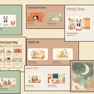 Może przedstawiać: Zbiór ilustrowanych kart o tematyce wieczornej. Karty przedstawiają obrazy pandy, kaczuszki i innych uroczych postaci. Tekst zawiera "Bedtime Steps", "Potty Time" i "My Peaceful Bedtime Journey".