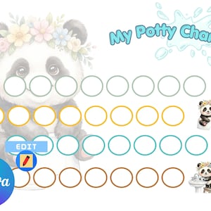 Editable PANDA POTTY CHART, Toddler Bathroom Wall Art, Potty Training Bundle for Kids, Toilet Training Bathroom Decor, Potty Sticker Chart