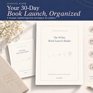 May include: A digital planner titled The 30-Day Book Launch Studio, featuring a cream cover with thin lines and a small flower graphic. The layout includes text detailing an 80-page hyperlinked PDF, undated and reusable pages, and compatibility with reMarkable, Goodnotes, and PDF apps.