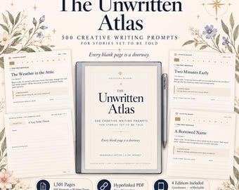 May include: A digital writing planner titled The Unwritten Atlas with 500 creative writing prompts. The display shows the title, subtitle, and the phrase Every blank page is a doorway. Includes a stylus and four sample prompt pages.
