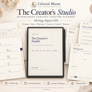 Puede incluir: Un planificador digital para creadores de contenido titulado The Creator's Studio, mostrado en una tableta con un lápiz óptico. El planificador presenta un diseño PDF de 330 páginas con un índice maestro, planificadores mensuales y semanales.