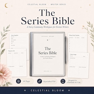 Puede incluir: Un planificador digital titulado The Series Bible: A Story Continuity Workspace for Fiction Writers, que presenta una tableta central con un lápiz óptico, rodeada de páginas impresas que incluyen Series Snapshot, Character Arcs, Master Series Timeline y Canon Ledger.