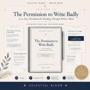 Może przedstawiać: Cyfrowy zeszyt ćwiczeń zatytułowany The Permission to Write Badly, 30-dniowy przewodnik na blokadę pisarską, wyświetlony na tablecie z e-tuszem i rysikiem. Zestaw zawiera 56 stron z różnymi układami, zaprojektowany dla tabletów z e-tuszem.