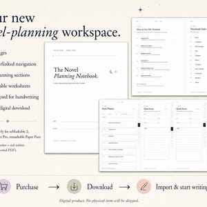 May include: A digital novel-planning notebook with 59 pages, hyperlinked navigation, and 11 planning sections. The layout includes worksheets for scene planning, story timelines, and notebook rules, designed for e-ink tablets like reMarkable 2.