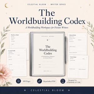 Könnte beinhalten: Das Worldbuilding Codex ist ein digitaler Arbeitsbereich für Romanautoren, bestehend aus einem zentralen Tablet mit Eingabestift und vier umliegenden Seiten mit den Titeln World at a Glance, Location Profile, Culture Profile und Canon Ledger, verziert mit Blumen.