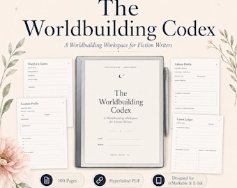 May include: The Worldbuilding Codex is a digital workspace for fiction writers, featuring a central tablet with a stylus and four surrounding pages titled World at a Glance, Location Profile, Culture Profile, and Canon Ledger, all with floral accents.