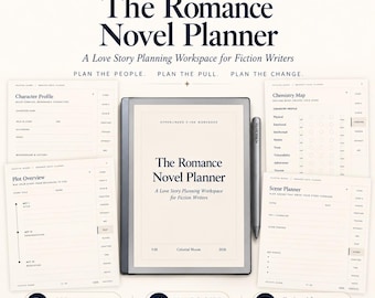 May include: A digital planner titled The Romance Novel Planner displayed on an e-ink tablet with a stylus. The screen shows a title page, surrounded by four smaller page previews including a Character Profile, Plot Overview, Chemistry Map, and Scene Planner.