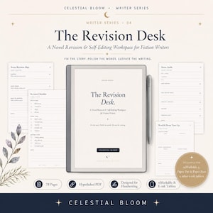 Op de afbeelding: Een digitale planner genaamd The Revision Desk voor fictieschrijvers, met een tablet inclusief stylus en diverse paginasjablonen zoals Scene Revision Map, Revision Checklist, Scene Audit en Word & Phrase Tune-Up, ontworpen voor e-ink tablets.