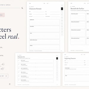 May include: A digital planner template titled Celestial Bloom Writer's Series featuring four distinct pages for character development. The pages include sections for Character Portrait, Beneath the Surface, Character Arc, and Supporting Character.