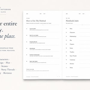May include: A digital novel planning notebook by Celestial Bloom featuring a two-page layout. The left side displays text including Your entire story. In one place. The right side shows a How to Use This Notebook guide and a Notebook Index.