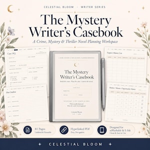 May include: A digital planner titled The Mystery Writer's Casebook for crime and thriller novels, displayed on an e-ink tablet with a stylus. Includes pages for Case HQ, Plot Outline, Suspect Master List, and Motive/Means/Opportunity Matrix.