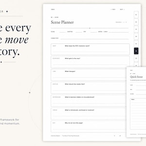 May include: A digital scene planner template featuring a white background with black text. The main page includes fields for scene, chapter, and POV character, with sections for want, resistance, turn, emotion, information, thread, and exit.
