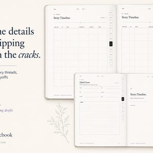 May include: A digital planning notebook titled The Novel Planning Notebook by Celestial Bloom, featuring open pages with Story Timeline grids, Quick Scene templates, and lined notes sections, all displayed against a light cream background with text.