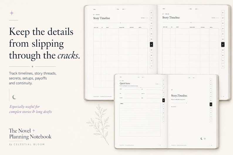 May include: A digital planning notebook titled The Novel Planning Notebook by Celestial Bloom, featuring open pages with Story Timeline grids, Quick Scene templates, and lined notes sections, all displayed against a light cream background with text.