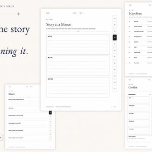 May include: A digital planner for e-ink tablets titled Celestial Bloom Writer's Series. It features pages for story arcs, stakes, and conflict tracking with a clean, white layout, black text, and a floral illustration in the bottom left corner.