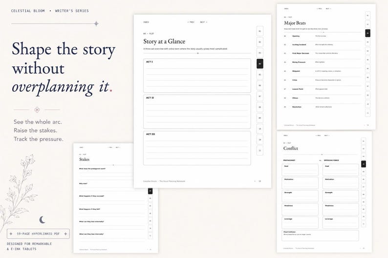 May include: A digital planner for e-ink tablets titled Celestial Bloom Writer's Series. It features pages for story arcs, stakes, and conflict tracking with a clean, white layout, black text, and a floral illustration in the bottom left corner.
