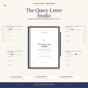 May include: A digital workbook titled The Query Letter Studio for fiction writers, displayed on a tablet with a stylus. The layout includes four page previews, text detailing a 94-page workbook, internal PDF links, and six tailored PDF files.