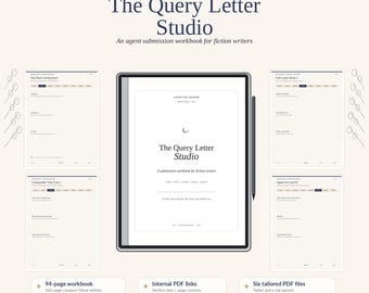 May include: A digital workbook titled The Query Letter Studio for fiction writers, displayed on a tablet with a stylus. The layout includes four page previews, text detailing a 94-page workbook, internal PDF links, and six tailored PDF files.