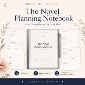 May include: A digital novel planning notebook for fiction writers, featuring a central tablet with a stylus, surrounded by printed planning pages for characters, plots, scenes, and relationships, all labelled with the title The Novel Planning Notebook.
