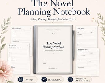 Può includere: Un taccuino digitale per la pianificazione di romanzi per scrittori di narrativa, con un tablet centrale e uno stilo, circondato da pagine di pianificazione stampate per personaggi, trame, scene e relazioni, intitolato The Novel Planning Notebook.