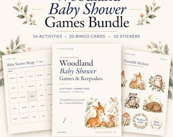 Woodland Baby Shower Games Bundle, Printable Bingo, 16 Activities & 10 Stickers