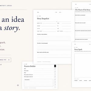 May include: A digital writing planner for e-ink tablets titled Celestial Bloom Writer's Series. It features pages for Story Snapshot, The Heart of the Story, Premise Builder, and Story Spark with lines and boxes for notes, all in a clean black and white layout.