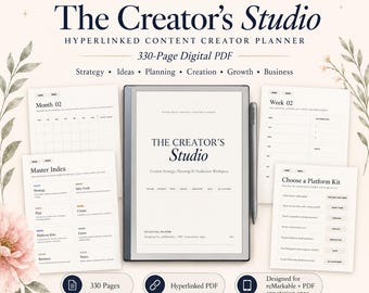 May include: A digital planner titled The Creator's Studio, a 330-page hyperlinked PDF for content creators. The display shows the title page, a master index, monthly and weekly views, and platform kits, accompanied by a stylus pen.