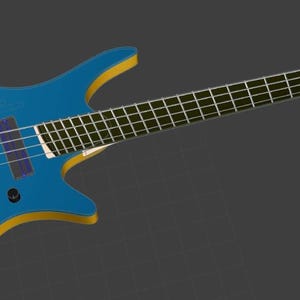 Puede incluir: Un bajo eléctrico azul con ribete amarillo. El instrumento tiene cuatro cuerdas, clavijas de afinación negras y un diapasón con incrustaciones blancas. El cuerpo tiene un diseño angular único.