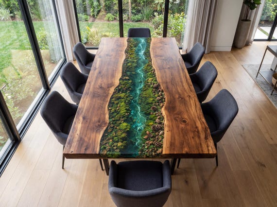 Custom USA - Walnut River Dining Table with Forest Epoxy Inlay – Handmade Live Edge Wood Table – Custom Luxury Statement Table