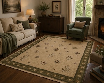 Hand Knotted Wool Floral Rug, Cream Green Nursery Area Carpet