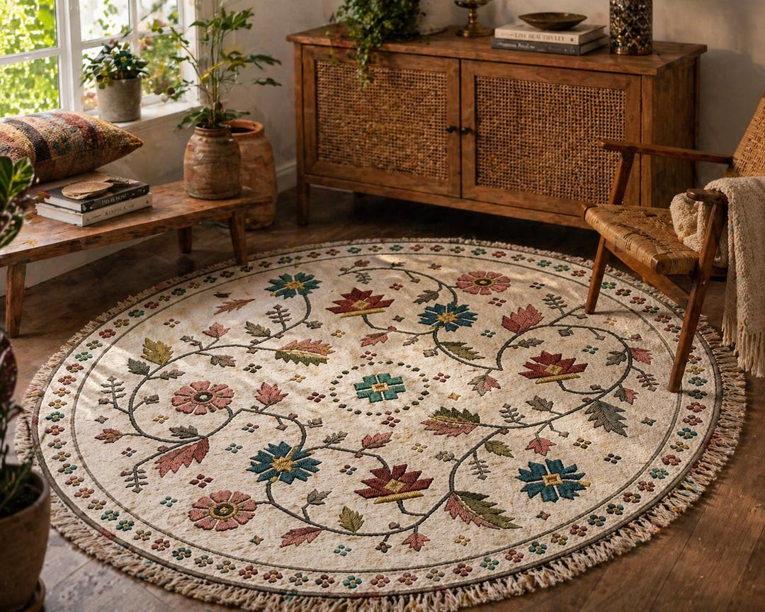 Eclectic Round Wool Rugs Round Floral Wool Rug, Hand Tufted Botanical Area Rug, Beige Vintage ...