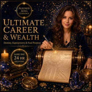 May include: A digital graphic featuring the text Aligned Aura Guidance, Ultimate Career & Wealth, Destiny, Superpowers & Soul Purpose, and Same Day 24 Hr Delivery. A person writes on a vintage scroll with a pen, surrounded by candles and crystals.