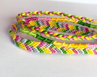 Friendship Bracelet 3-Pack - Yellow Green Magenta Gray - Alternating Chevron, Spiral, and Braid
