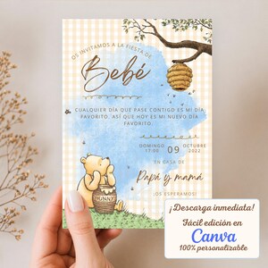Invitación de Baby Shower Oso Clásico Editable, Invitación Digital para WhatsApp Bebé, Plantilla Imprimible Cuadros Vichy Canva