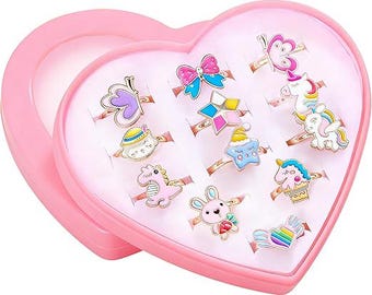12PCS Kids Princess Adjustable Ring Set with Heart Box – Girls Dress-Up Jewellery Gift