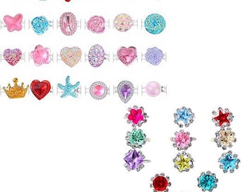 36 Pcs Girls Adjustable Gem Rings Set – Colorful Kids Dress Up Jewelry, Cute No Duplicate Rings Gift Box